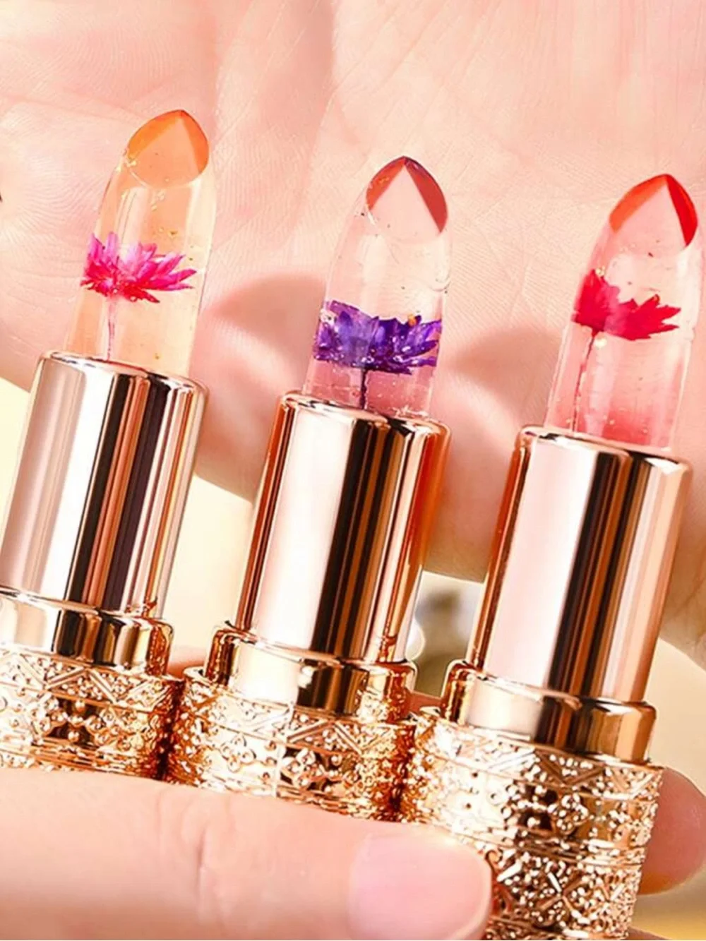 Luxury Clear Jelly Lipstick with Embedded Flower - Pink